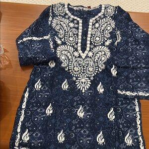 NEW Navy Blue and White Embroidered Tunic. Hand  embroidery. Armpit to armpit18”